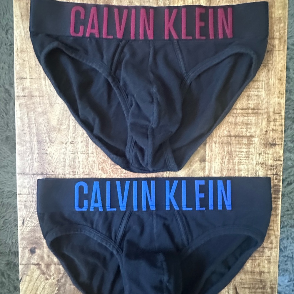 Set of 2 Calvin Klein Power Cotton Black Briefs with red and blue logo waistband